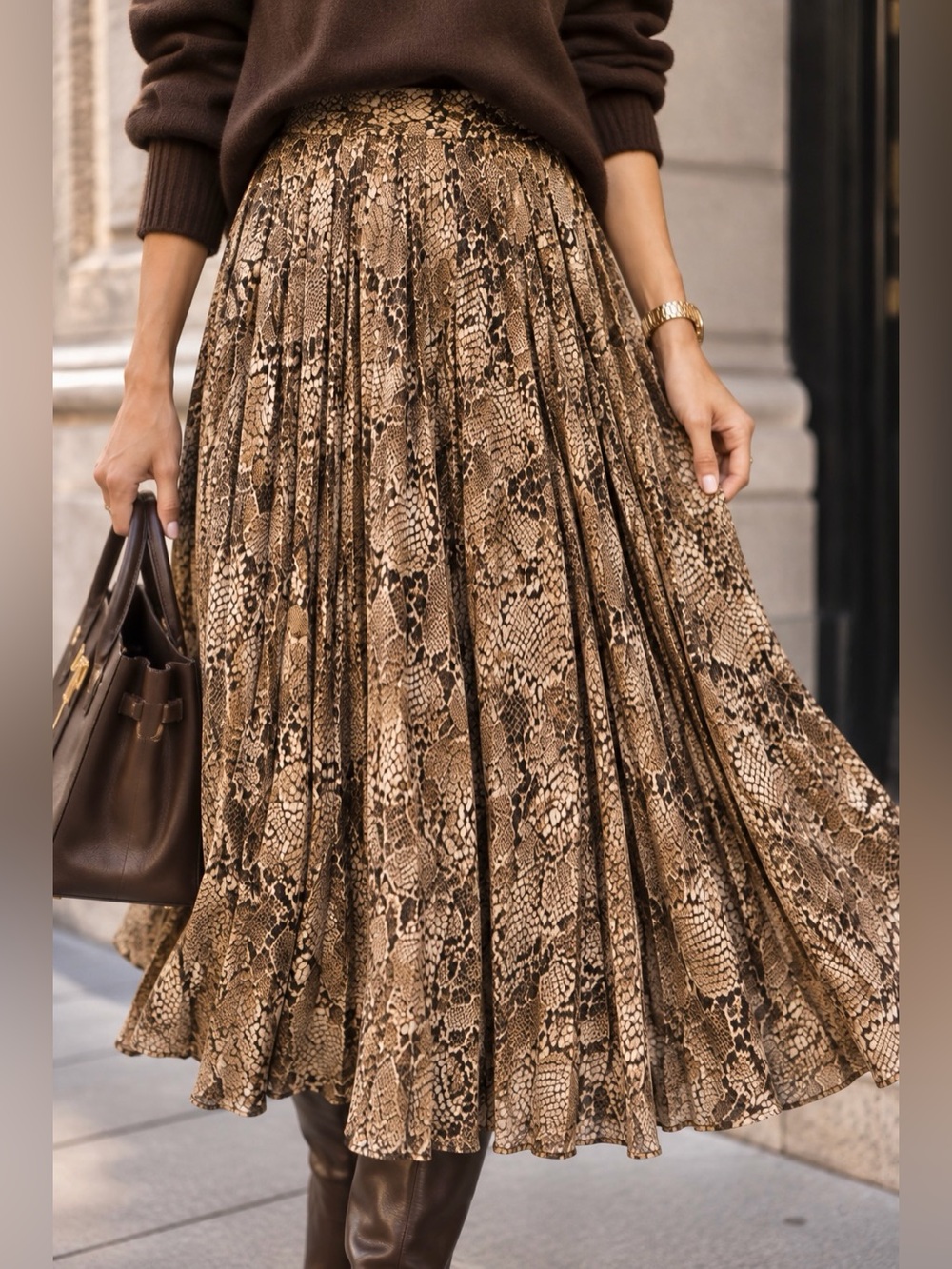 MARBLE Brown Snake-Print Pleated Skirt